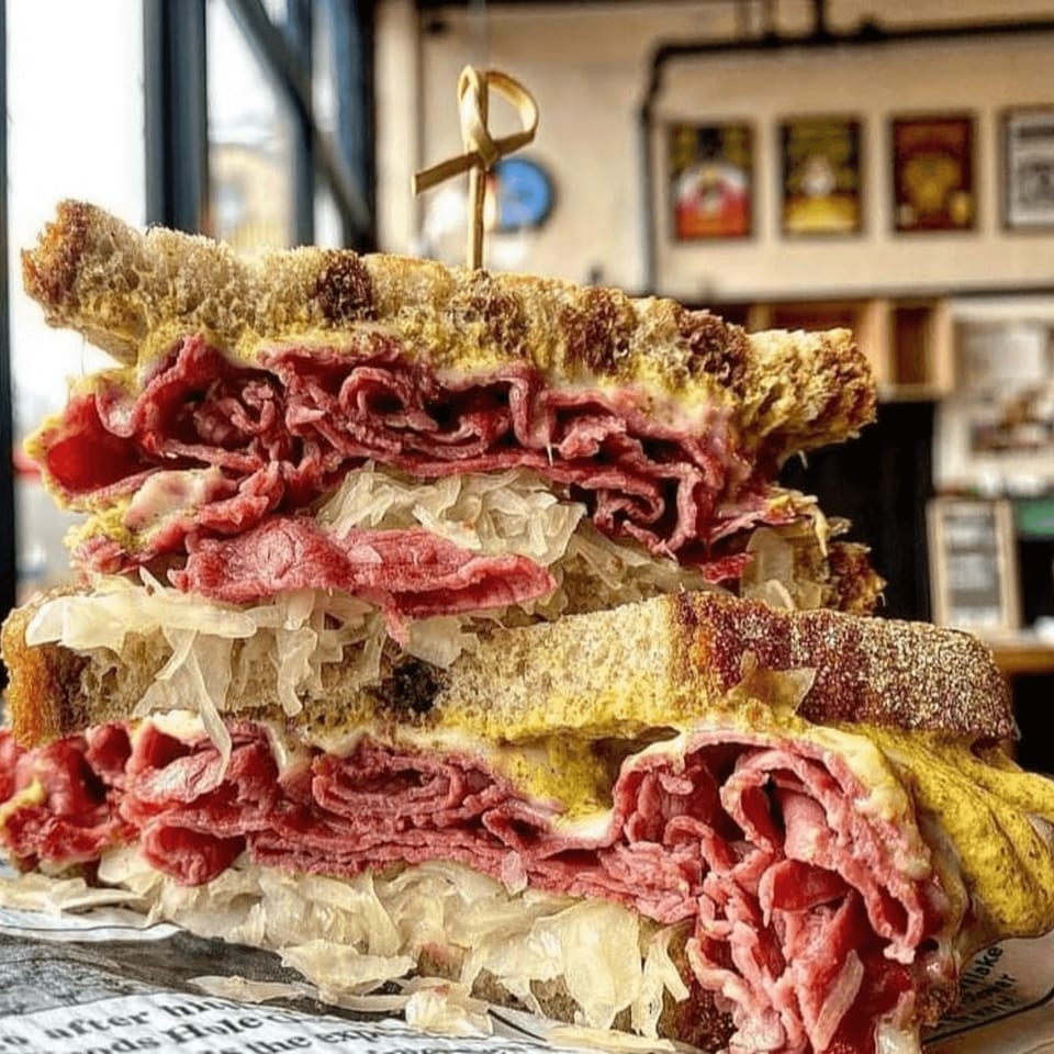 A large pastrami and sauerkraut sandwich on rye bread with mustard, served at Underground Coffee & Ales.